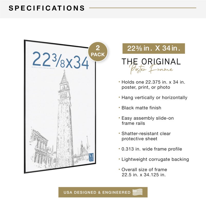 MCS Original Poster Frame 22.375x34 Black Lightweight Vertical & Horizontal Wall Hanging Large Picture Frame for Posters, Art Prints & Gallery Wall (2-Pack) - Image 3